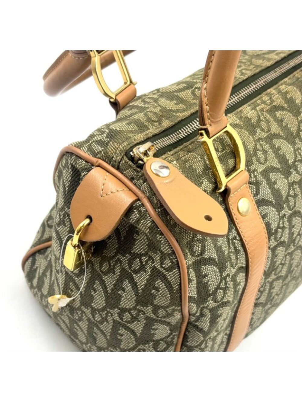 Dior Trotter Mini Leather Canvas Khaki Green Light Brown Boston Bag Gold - Picture 9 of 15